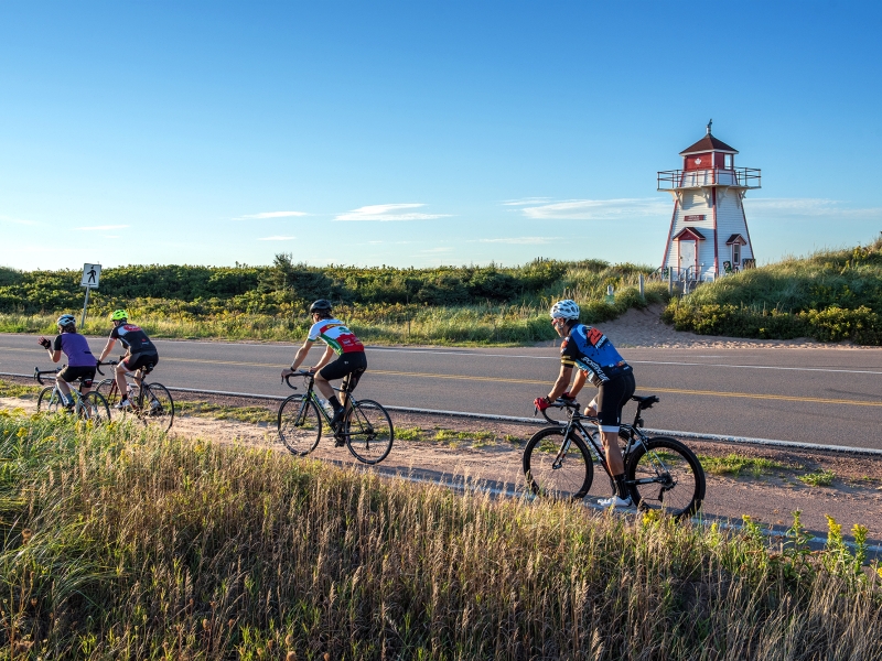 Road cycling along bike path at Covehead, PEI